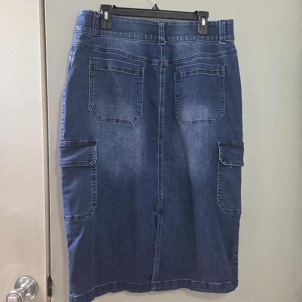Indigo Poppy Denim Cargo Skirt 14 Midi Stretch 34" Waist Faded Dark Wash Y2K - Picture 4 of 8